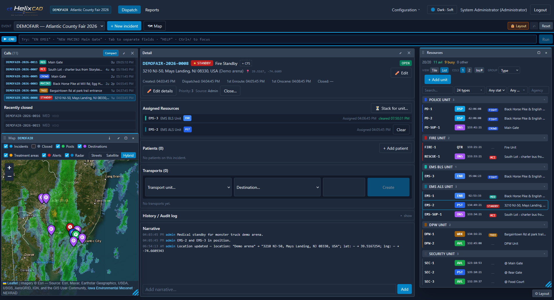 ctHelixCAD console showing call queue on the left, active incident detail with assigned resources in the center, live unit status board on the right, and a regional map with incident pins