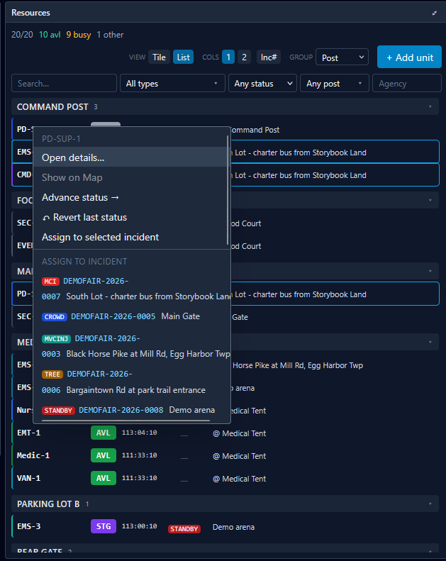 ctHelixCAD resources panel with units grouped by command post, EMS, and parking lot zones, and a contextual right-click menu showing open details, advance status, revert last status, and assign-to-incident actions